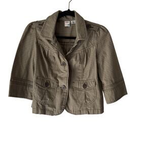 Roxy Jacket Y2k Small Brown Plaid Cropped Blazer 3/4 Sleeve Utility Pockets Twee